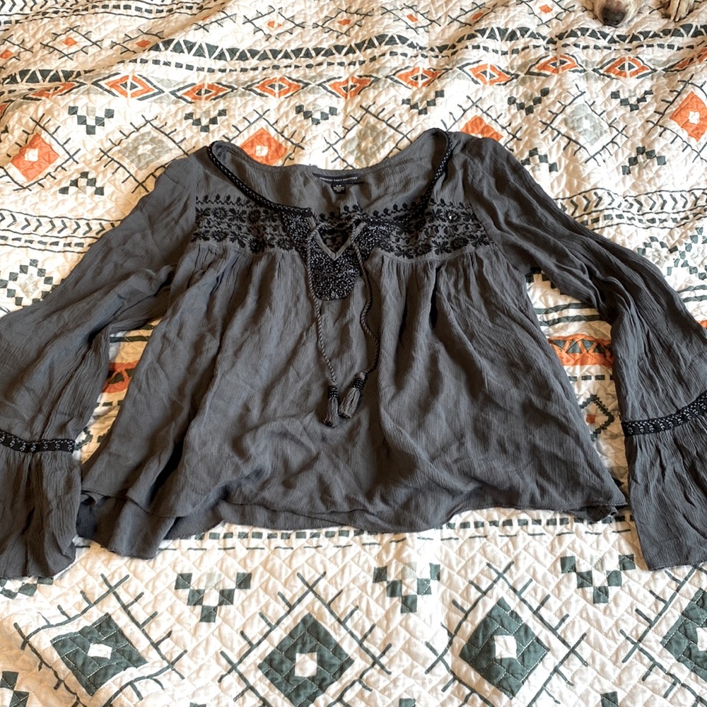 American Eagle loose fit embroidered tunic top shirt with tassel strings size Sm